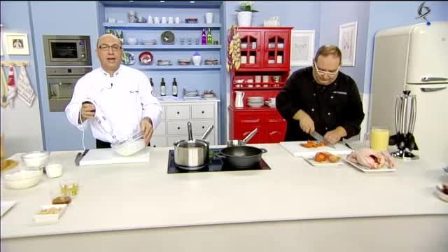 Pollo en pepitoria y bombón de arroz con leche