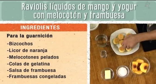 Raviolis líquidos de mango y yogur con melocotón y frambuesa (19/11/15)