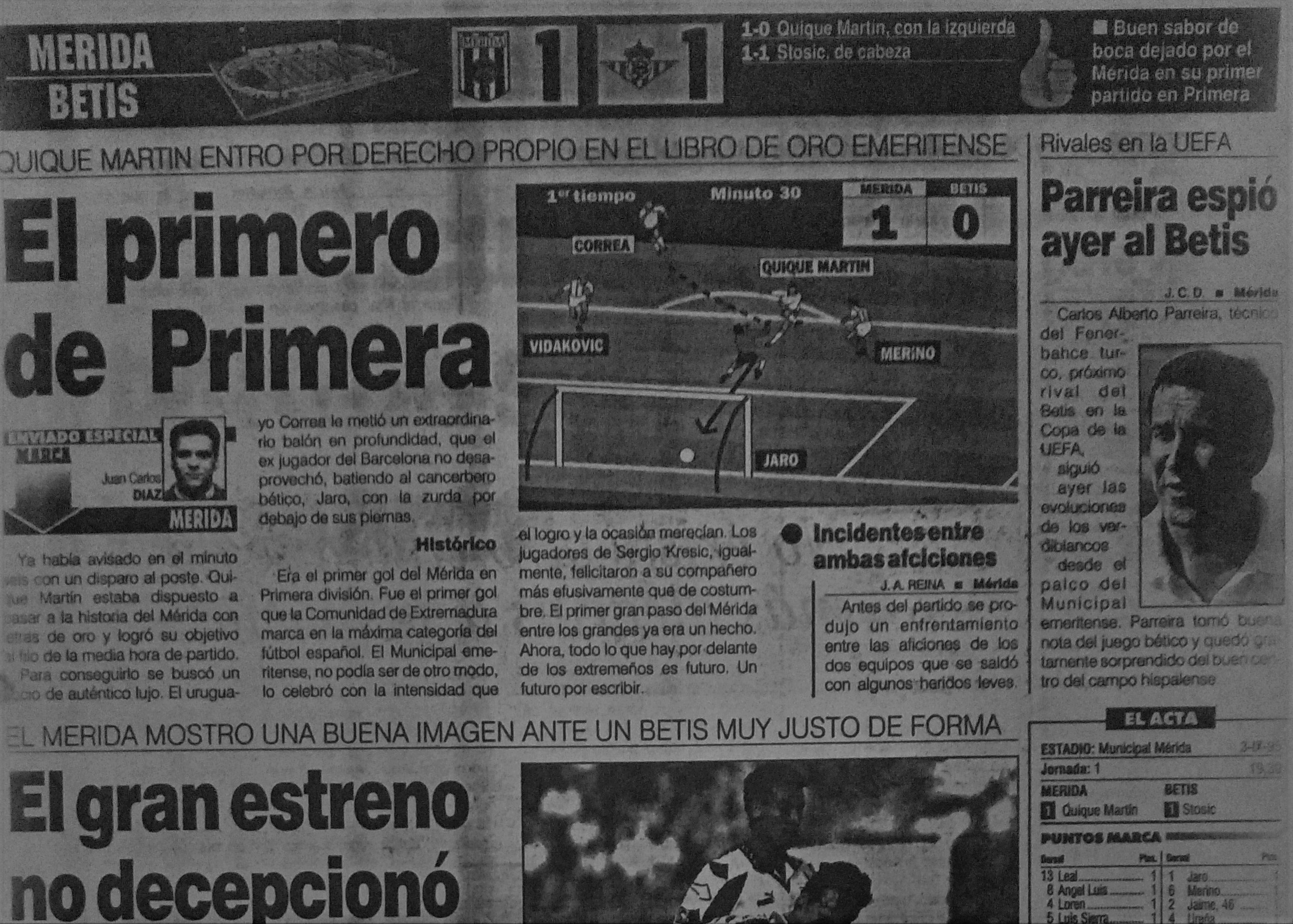 El Mérida-Betis de la 95-96 fue el primer partido de Primera protagonizado por un club extremeño
