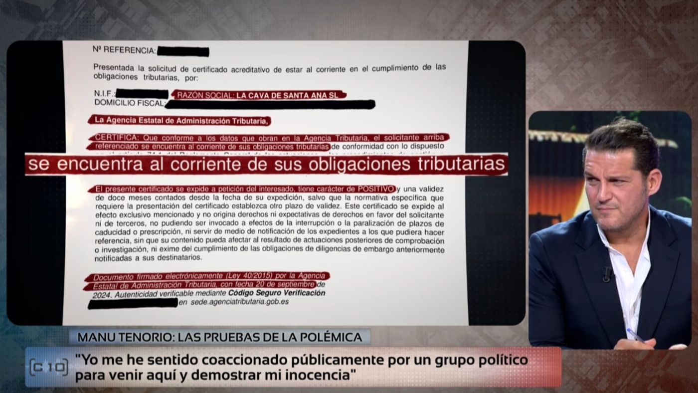 Especiales Manu Tenorio trae a 'Código 10' un certificado de la Agencia Tributaria para demostrar que no tiene deudas con Hacienda - Top Vídeos 24/09/2024