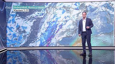 Nevadas en la Cantábrica occidental y Pirineo central. Intervalos de viento fuerte en amplias zonas del país