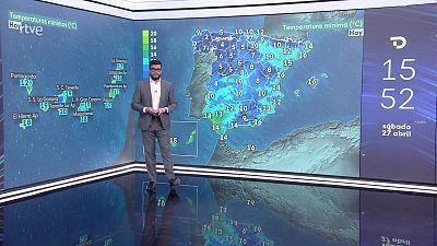 Precipitaciones localmente fuertes o persistentes en el Cantábrico occidental y Pirineos. Cota de nieve a 900/1200 m en el noroeste peninsular