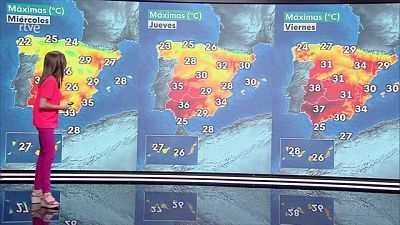 Temperaturas máximas con pocos cambios o ligeros descensos en el área mediterránea, sistema Ibérico, Cantábrico oriental y con ligeros descensos en el resto