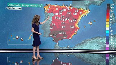 Temperaturas máximas en ascenso generalizado, superando los 34/36 grados en gran parte del interior del tercio sur peninsular