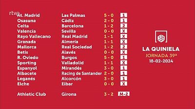 Sorteo de la Quiniela del 20/02/2024 - Jornada 39