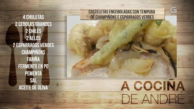 Costeletas enceboladas con tempura de champiñóns e espárragos verdes - 25/10/2017 11:00